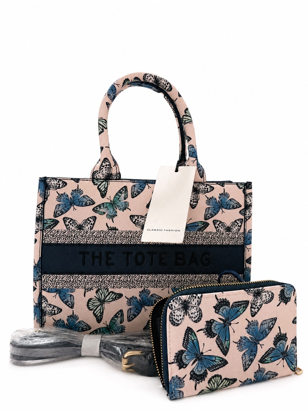 NWT: Classic Fashion Mini The Tote Bag Butterfly Print Tote in Cream and Blue - Picture 1 of 4